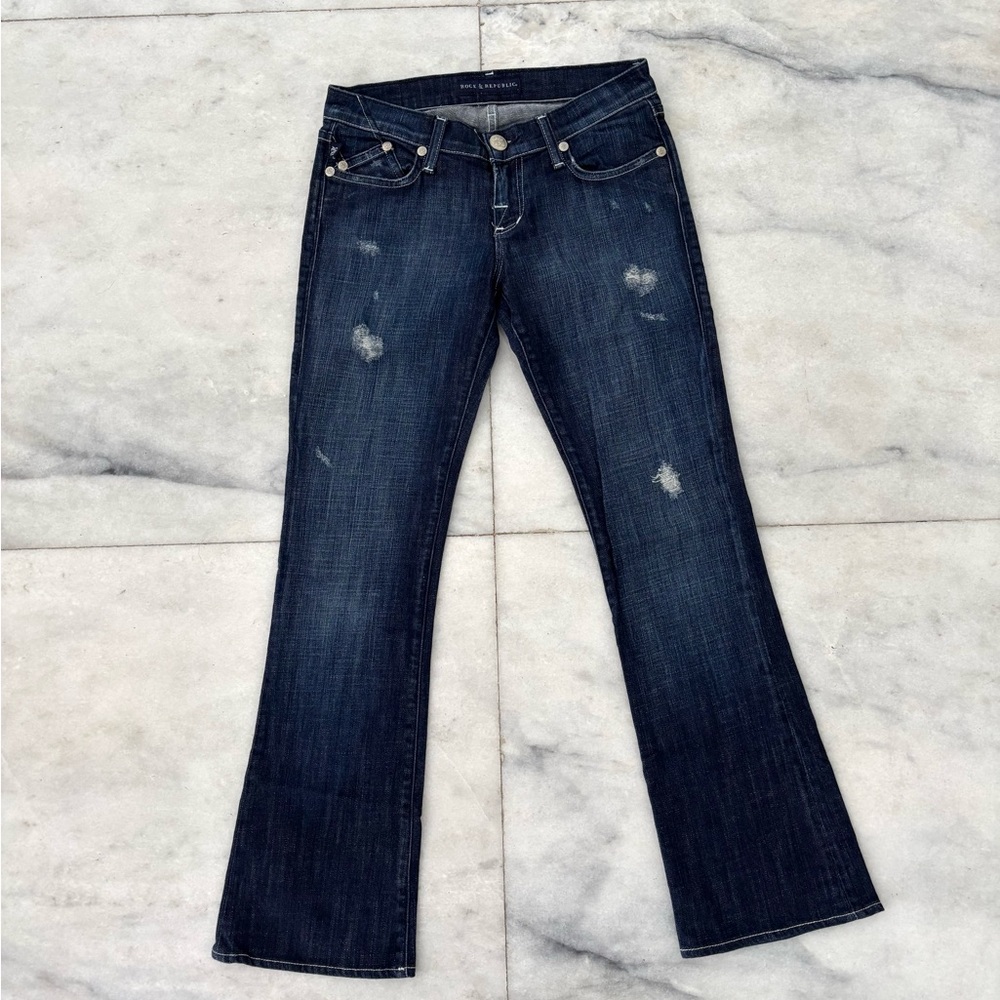 Rock & Republic Jeans Low Rise Bootcut Dark Wash Logo Distressed Womens 4 Y2K